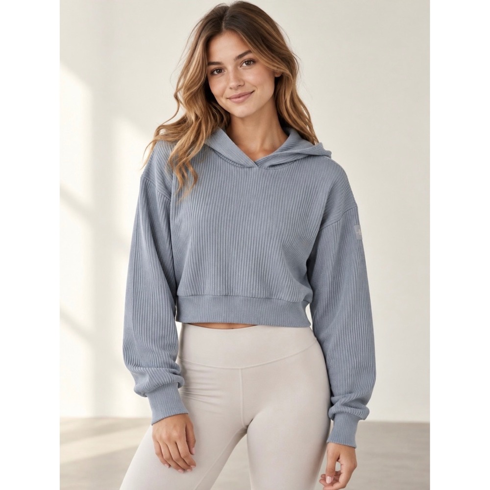 ALO Yoga Muse Cropped Hoodie Ribbed Knit Small Steel Blue Sweatshirt